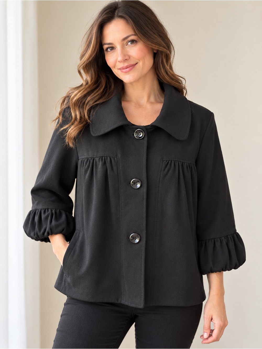 Notations Black Ruffled-Sleeve Pea Coat